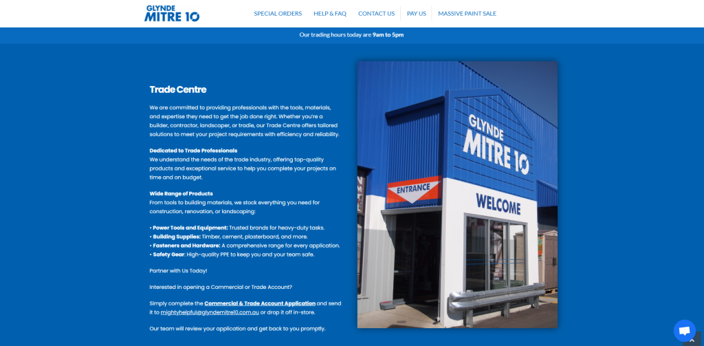 Glynde Mitre 10 website screenshot